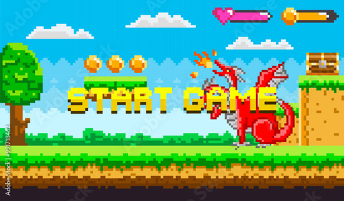 Retro video game screen with a dragon, coins, and START GAME text. Ideal for vintage gaming, fantasy themes, adventure, pixel art design, and nostalgic media