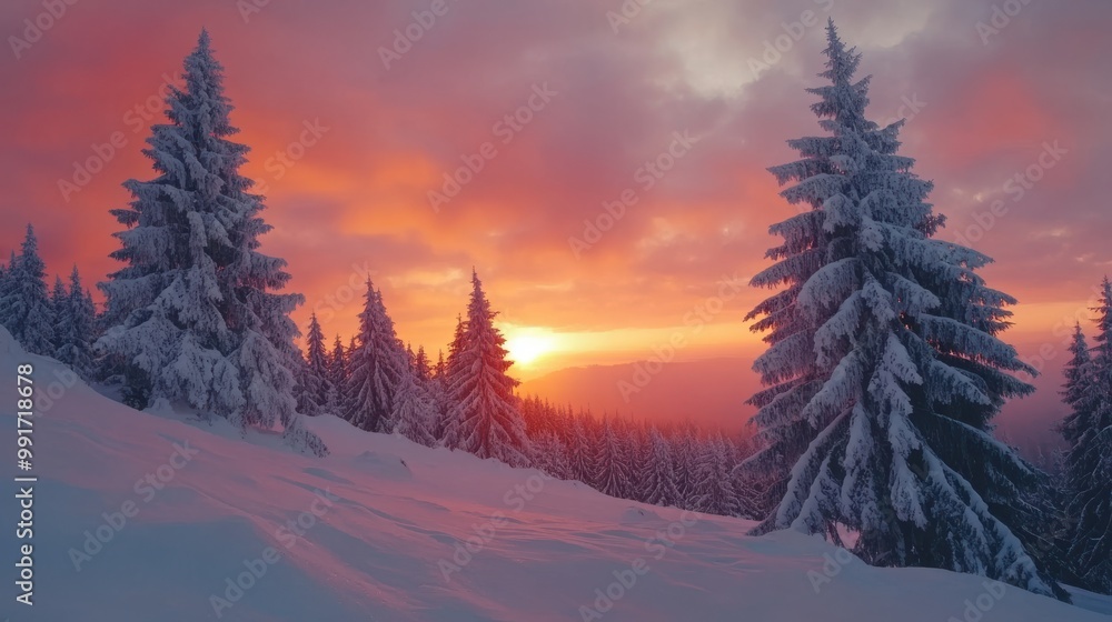 Snow-covered pine trees during vibrant sunset in a winter landscape Snow-covered pine trees during vibrant sunset in a winter landscape
