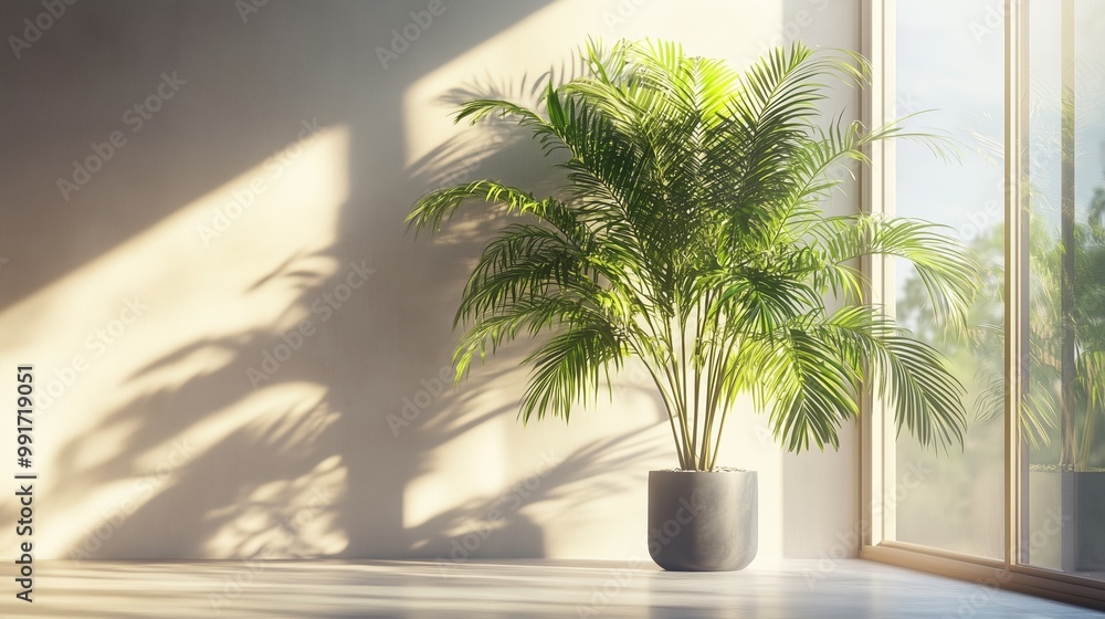 Fototapeta premium Indoor palm plant casting shadows near large windows in a sunlit room during the afternoon