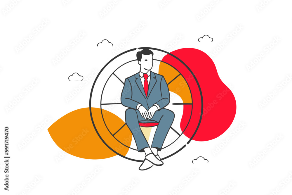 Fototapeta premium Flat vector illustration of a business concept, a businessman on concrete stairs with a business sketch. Finance and growth concept. Businessmen pursue a career.