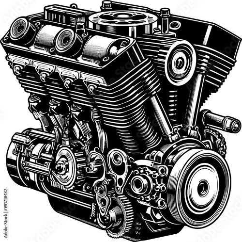 Classic motorcycle engine vector illustration. vintage motorcycle engine logo. Illustration of the vintage custom motorcycle, chopper engine. Monochrome style.
