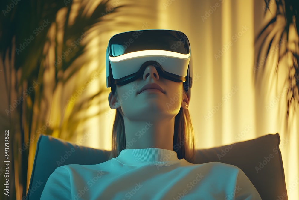 Interaction between a human and AI, person wearing a VR headset, modern interior, technology and human Interaction between a human and AI, person wearing a VR headset, modern interior, technology and human