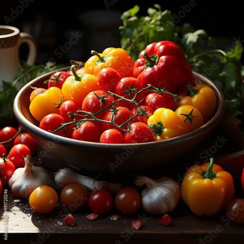 An agricultural setting with a variety of crops growing in a greenhouse, including vibrant  ripe red tomatoes and peppers. photo