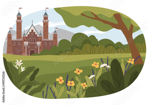 A medieval castle with towering turrets stands in a verdant landscape, with blooming wildflowers and lush trees in the foreground. Ideal for historical themes, fantasy settings, nature appreciation