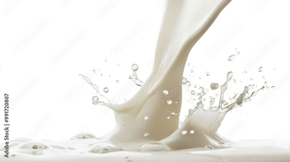 A splash of creamy milk bursts from a container, creating dynamic droplets against a clean white background. A splash of creamy milk bursts from a container, creating dynamic droplets against a clean white background.