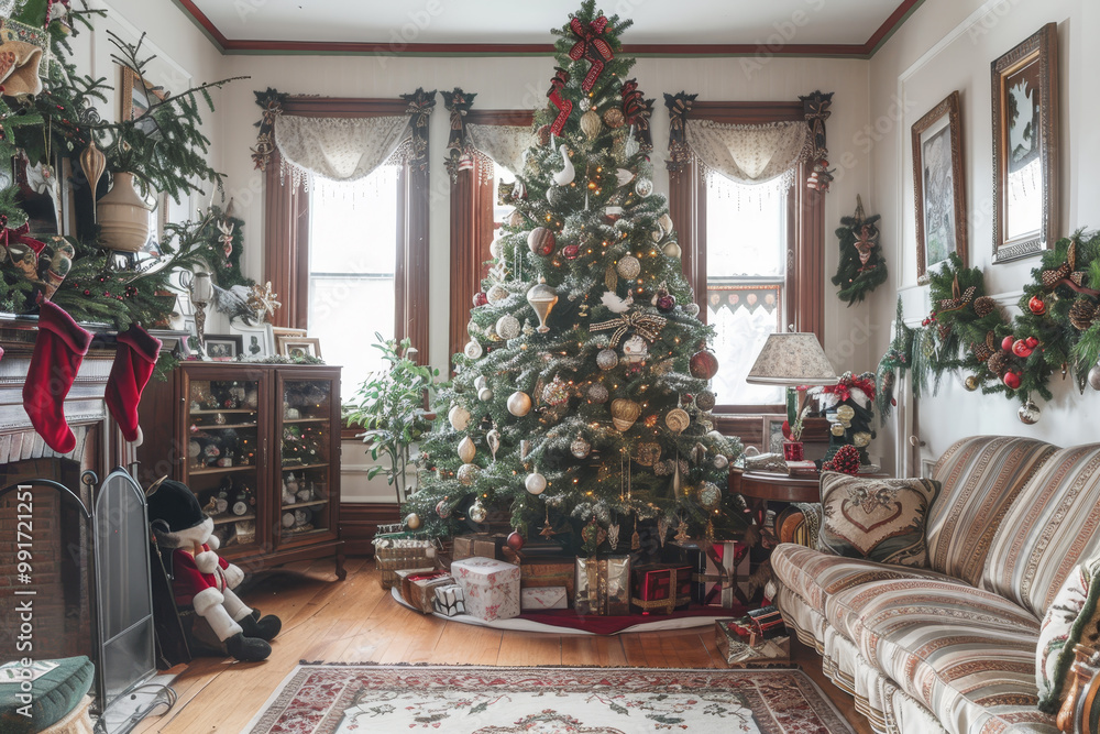 A living room with a large Christmas tree in the center A living room with a large Christmas tree in the center