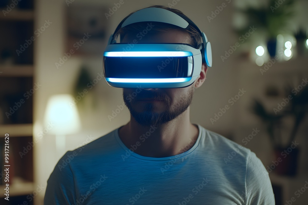 Interaction between a human and AI, person wearing a VR headset, modern interior, technology and human Interaction between a human and AI, person wearing a VR headset, modern interior, technology and human