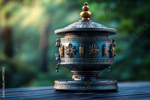 A hyper-realistic close-up of a traditional prayer wheel, spinning slowly, symbolizing spiritual devotion and inner peace photo