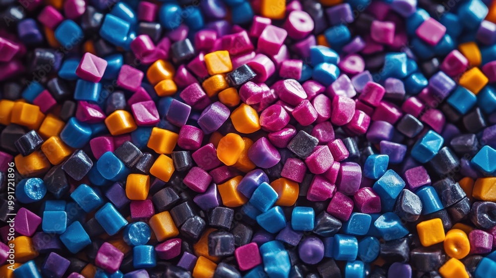High-resolution photo of an array of small, vibrant plastic pellets in various geometric High-resolution photo of an array of small, vibrant plastic pellets in various geometric