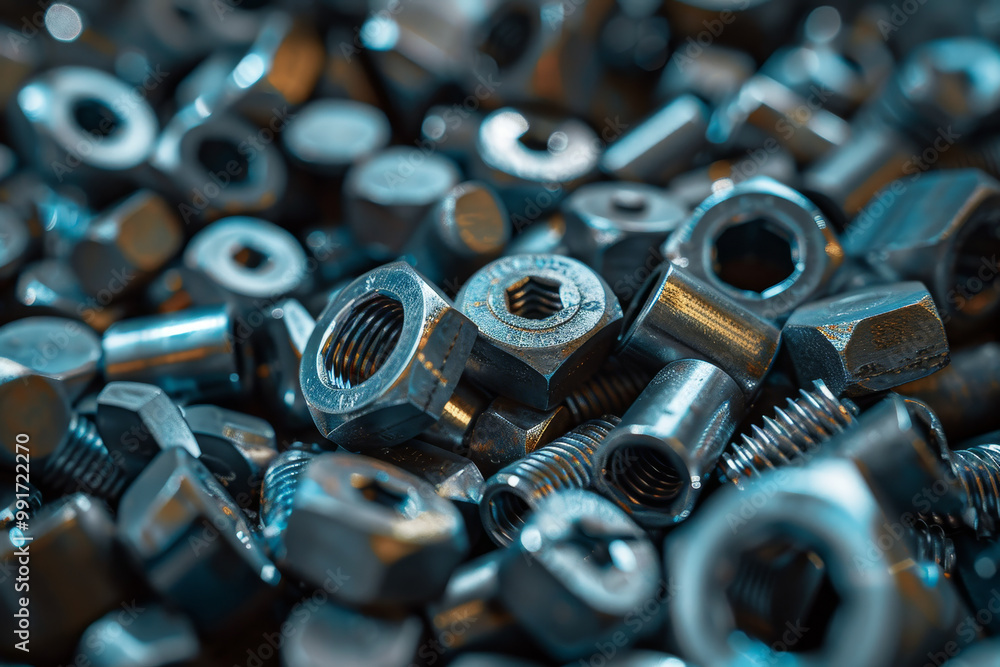 A pile of nuts and bolts with a metallic shine A pile of nuts and bolts with a metallic shine