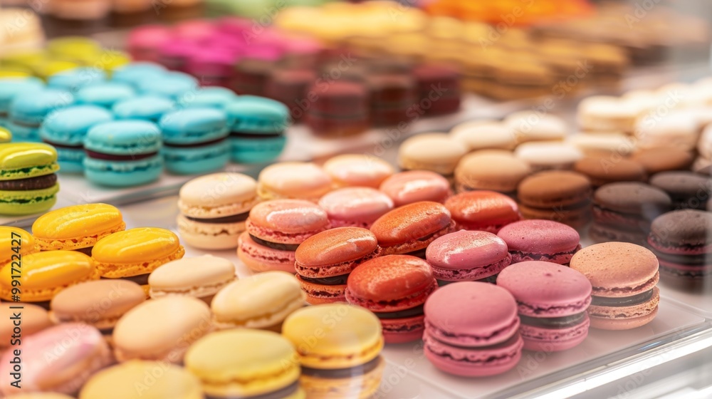 Vibrant Display of Colorful Macarons in Bakery Showcase Vibrant Display of Colorful Macarons in Bakery Showcase