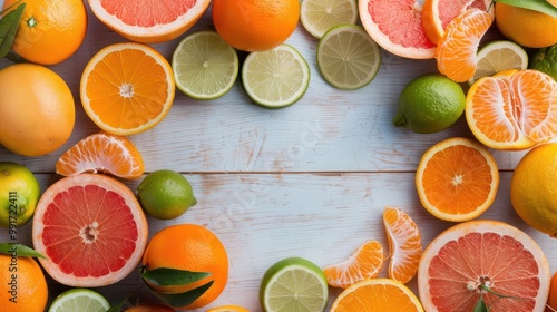 Bright citrus juice abstract with oranges, grapefruits, and limes forming circular patterns photo