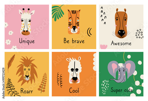 Set of cute animals. Colorful compositions with animal characters, lettering and decor for cards, posters, prints. Kids flash cards. Hand drawn flat design vector illustrations.
