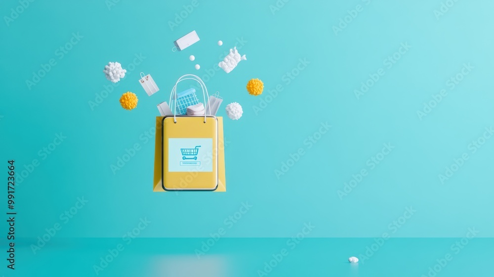 A whimsical illustration of a shopping bag overflowing with products, floating in the air above a smartphone displaying an e commerce website. A whimsical illustration of a shopping bag overflowing with products, floating in the air above a smartphone displaying an e commerce website.