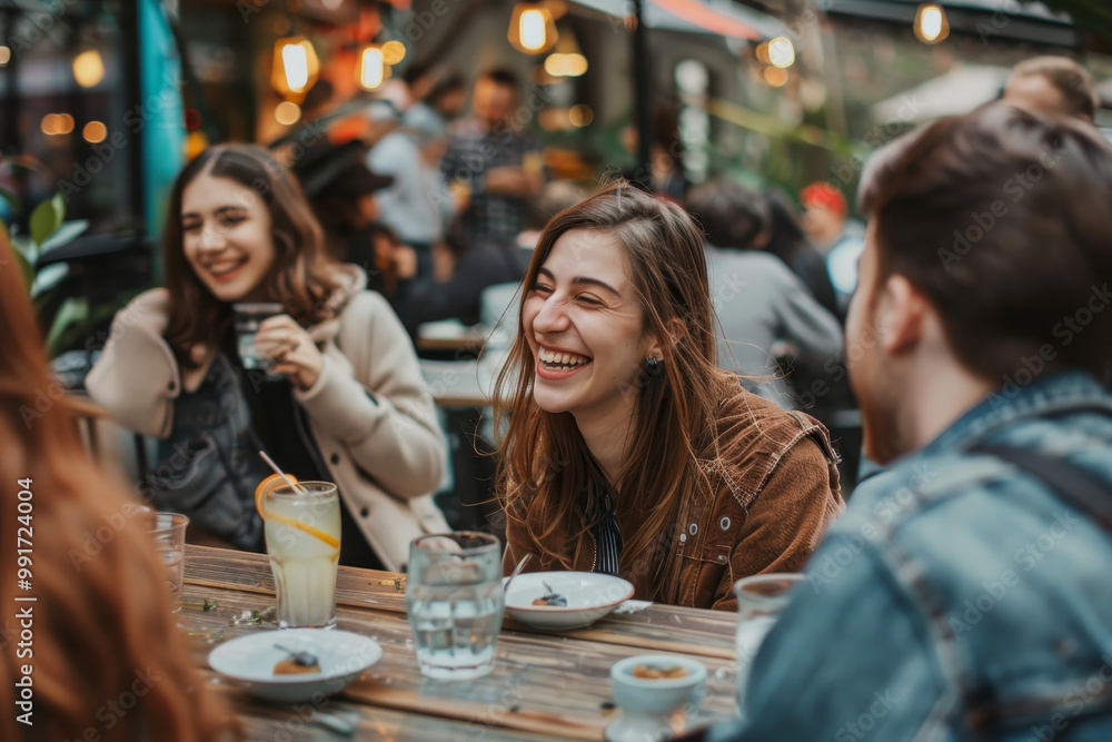A group of people are sitting at a table in a restaurant, laughing A group of people are sitting at a table in a restaurant, laughing