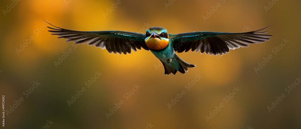 Obraz premium Vibrant Blue-Eared Kingfisher in Flight - Closeup of Colorful Avian Beauty with Spread Wings Flying Against Nature Background - Serene Wildlife Moment