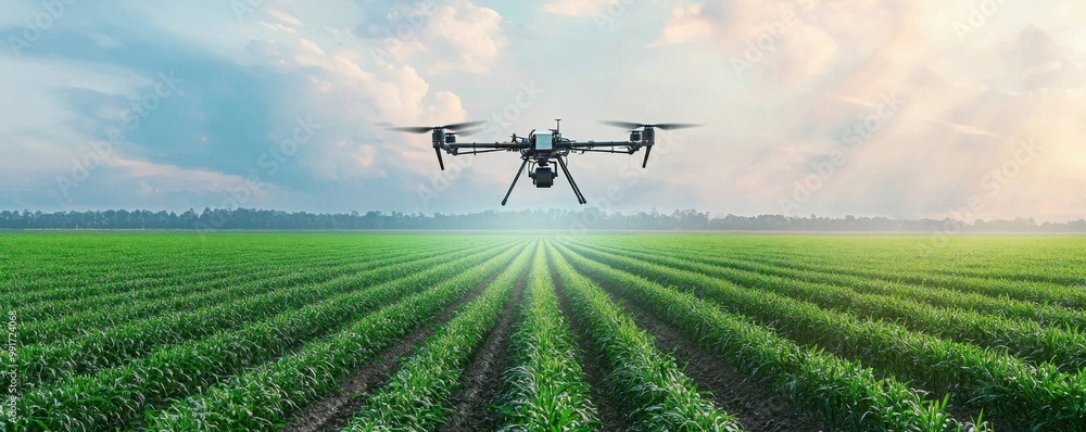 Fototapeta premium Drone flying over a green agricultural field under a cloudy sky.