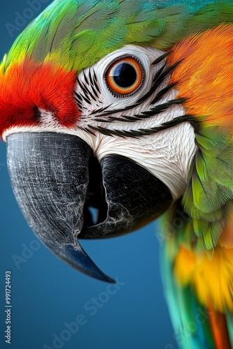 Vibrant Macaw Close-Up Stunning Feathers and Intense Gaze on Blue Background - Exotic Wildlife Beauty and Colorful Details for Nature Lovers and Educational Projects photo