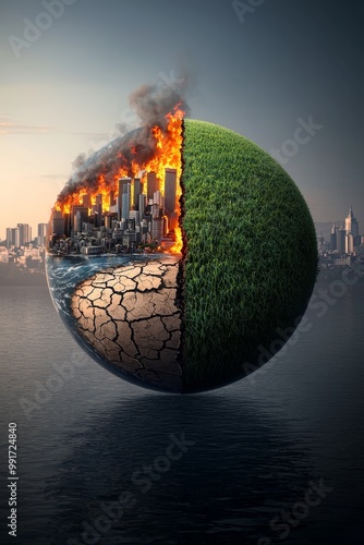 Dystopian Earth Sphere City in Flames vs. Lush Greenery, Symbolic Environmental Contrast above Dark Water - Surreal Climate Change Concept