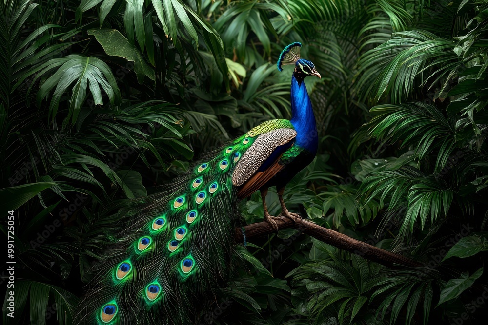 Elegant Peacock Closeup in Lush Jungle - Vibrant Blue and Green Plumage, Exotic Foliage, Tranquil Nature Scene Elegant Peacock Closeup in Lush Jungle - Vibrant Blue and Green Plumage, Exotic Foliage, Tranquil Nature Scene