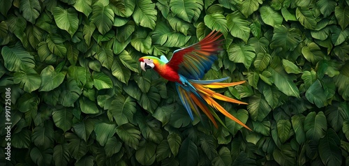 Vibrant Scarlet Macaw Parrot in Flight Amid Lush Green Foliage - Exotic Tropical Bird in Dynamic Motion, Tranquil Jungle Setting - Wildlife Illustration with Rich Textures and Warm Lighting photo