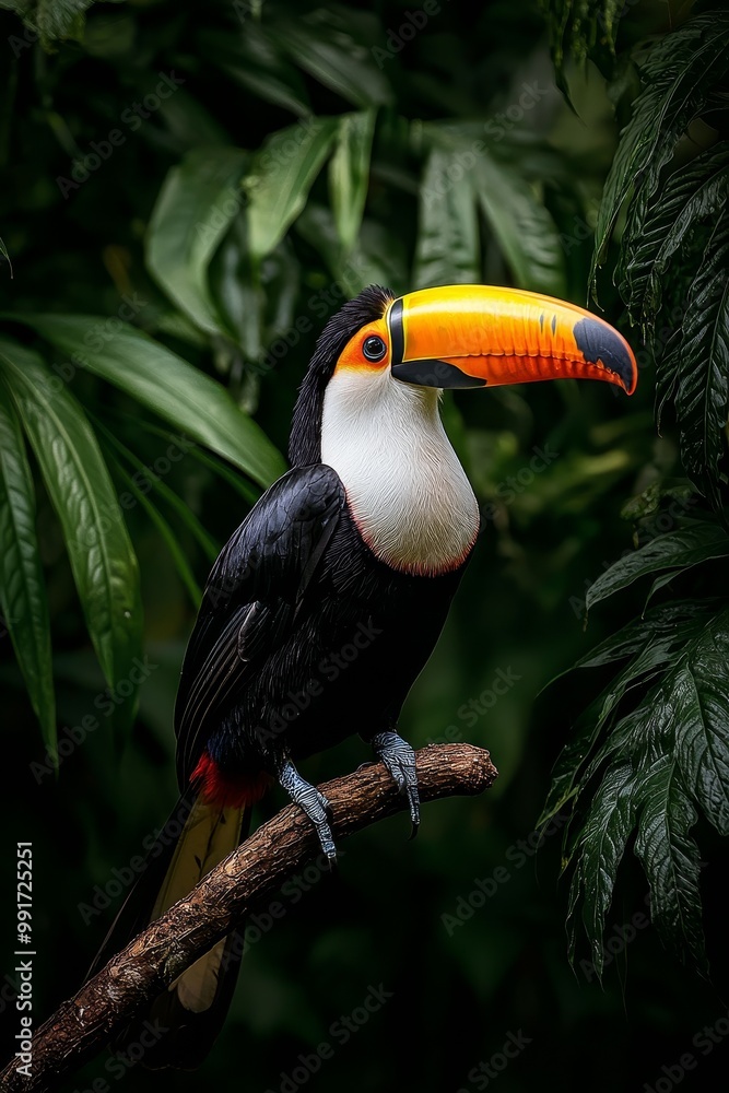 Fototapeta premium Vibrant Toucan Close-Up Exotic Bird with Colorful Beak in Lush Rainforest Setting Serene Wildlife Portrait for Nature Lovers