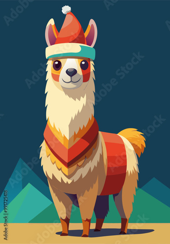 Christmas alpaca with red Santa hat, Winter holiday greetings from lama