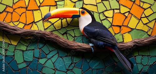 Vibrant Toucan Portrait in Painterly Style with Abstract Mosaic Background - Exotic Tropical Wildlife Art Concept photo