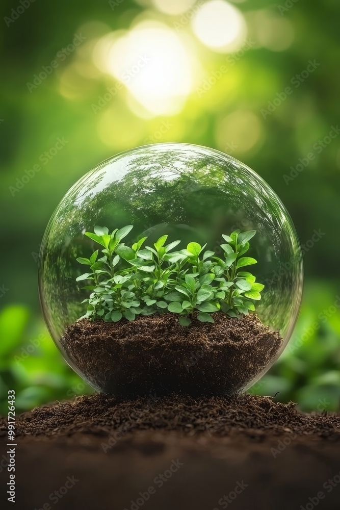 Macro View of Tranquil Green Plant Sprouts Encased in Glass Sphere in Lush Sunlit Forest - Concept of Growth and Protection Macro View of Tranquil Green Plant Sprouts Encased in Glass Sphere in Lush Sunlit Forest - Concept of Growth and Protection