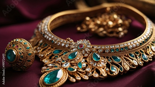 A close-up of traditional Indian jewelry, intricate design, vibrant colors, realistic lighting, perfect for Traditional Indian jewelry