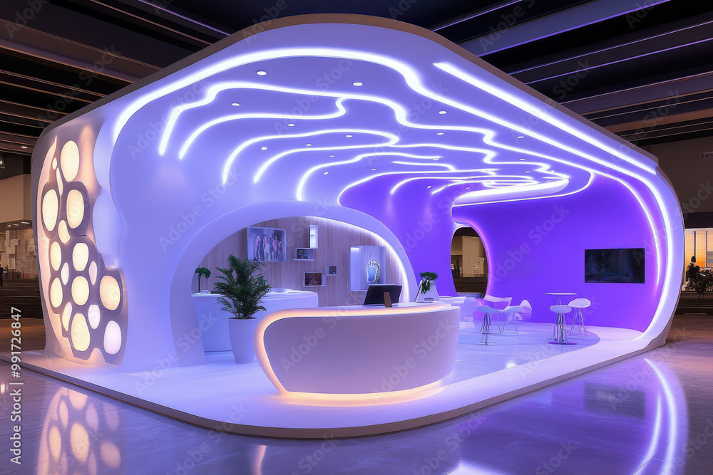 Fototapeta premium A large white room with purple walls and a curved ceiling