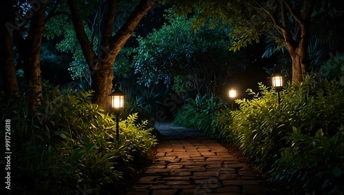 Lantern-lit nighttime pathway in lush greenery.