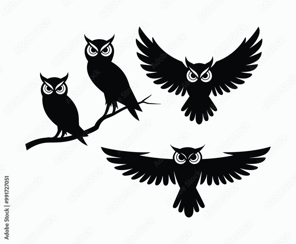 Fototapeta premium Owl bird silhouette editable EPS vector isolated illustration template on a white background