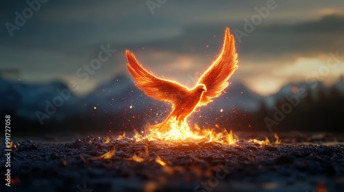 A powerful illustration of a phoenix rising from ashes, symbolizing the resilience and ability to overcome adversity in the quest for self acceptance.