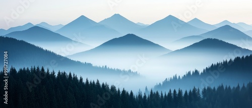 Majestic Misty Mountain Range Panoramic Landscape with Foggy Forest Foreground - Serene Natural Beauty and Depth - Tranquil Outdoor Scene for Wall Art or Travel Blogs