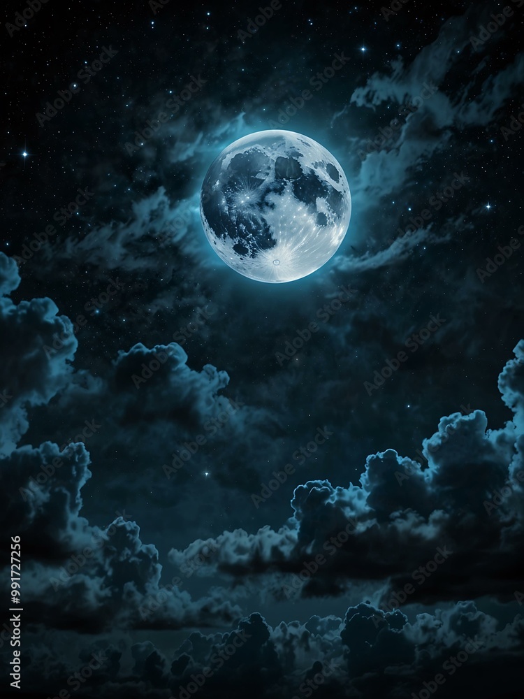 Large glowing blue moon in space with stars and dark clouds. Large glowing blue moon in space with stars and dark clouds.