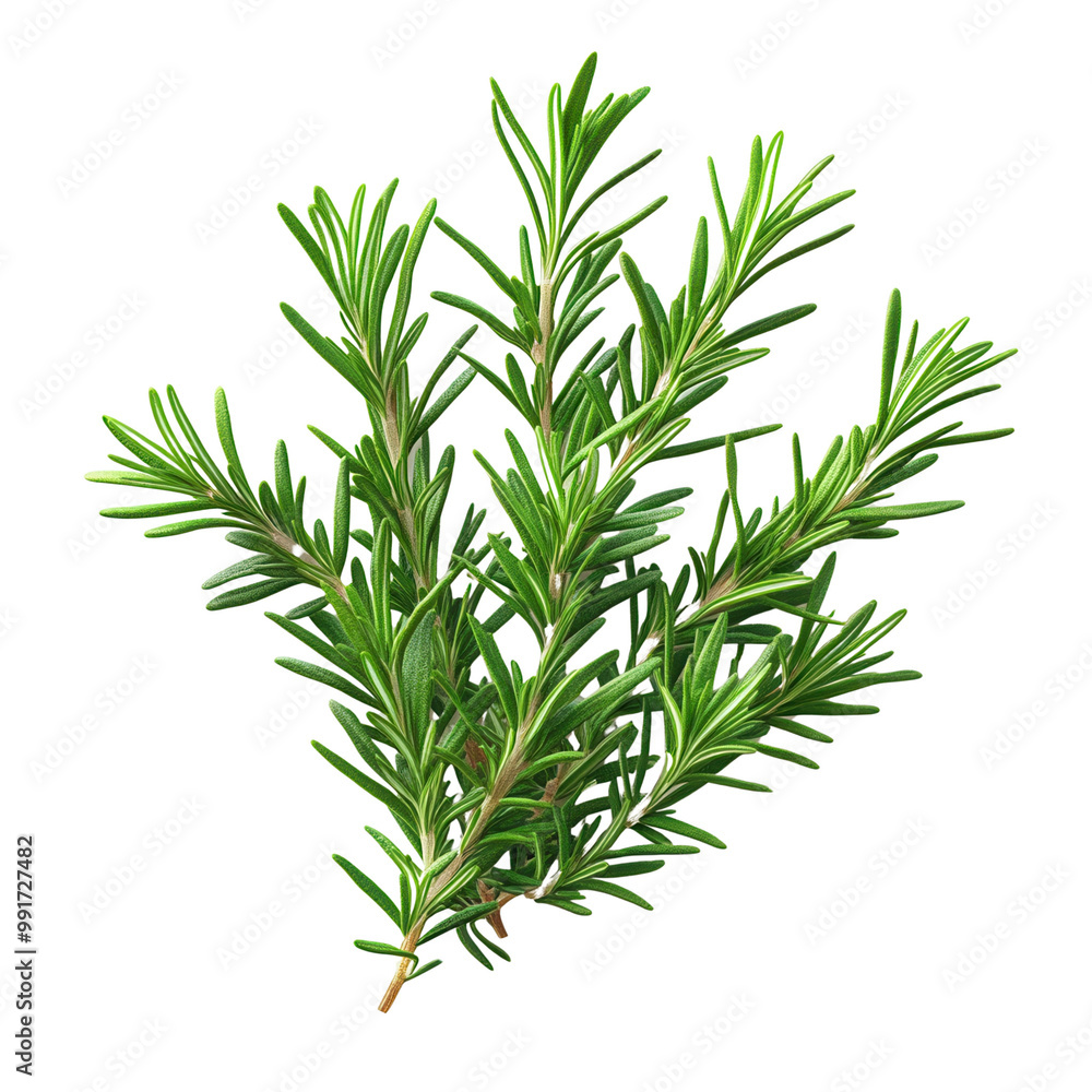 Fototapeta premium Fresh rosemary sprig on a white background, highlighting the vibrant green leaves and aromatic qualities of the herb.