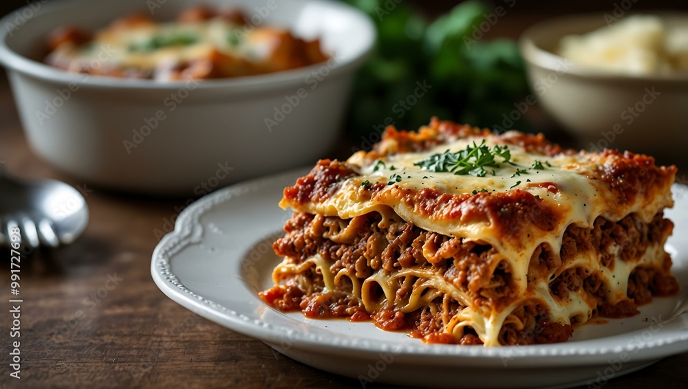 Lasagna baked with pasta, meat sauce, bechamel, and cheese, perfect for family dinners. Lasagna baked with pasta, meat sauce, bechamel, and cheese, perfect for family dinners.