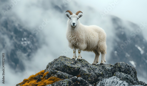 A Mountain Goat Standing on Top of Rocks in the Mountains 