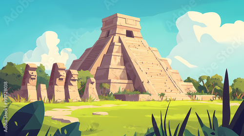 Ancient mayan pyramids and statues on easter island. modern illustration with cartoon landscape with maya landmarks on green grass. Mayan Pyramid. Illustration