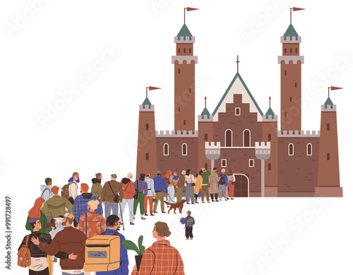 People of various ages stand in a long line outside a grand castle with red flags and multiple tall towers. Ideal for travel adventures, historical themes, tourism attractions, queuing for events