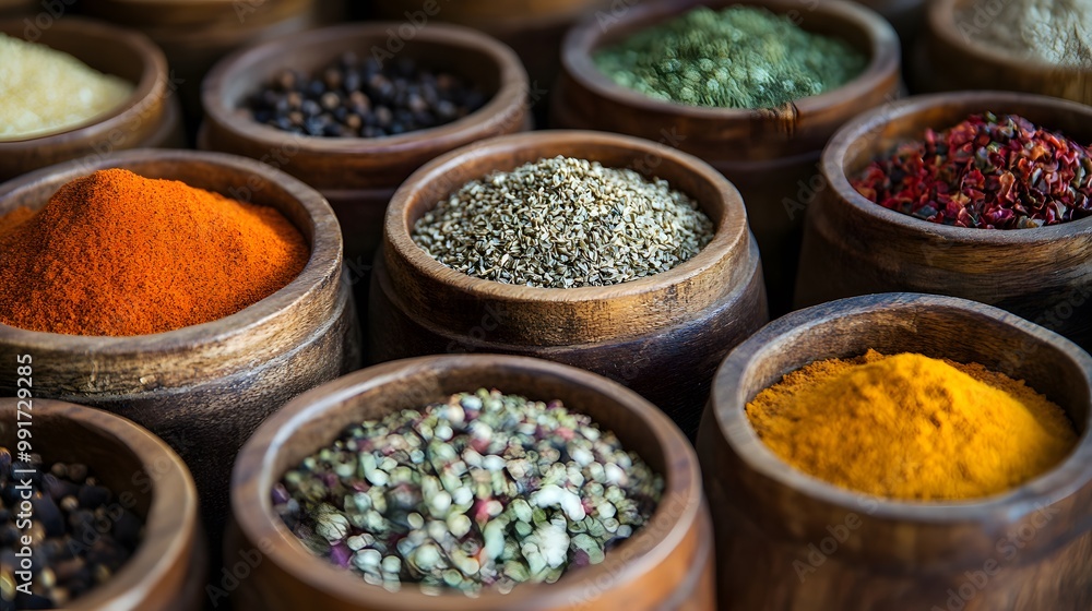 Assortment of Spices in Wooden Bowls Assortment of Spices in Wooden Bowls