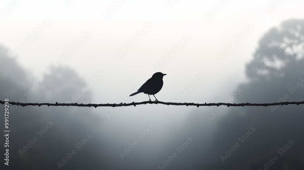 Misty Serenity Minimalist Silhouette of Bird on Branch in Tranquil Landscape - Mysterious Nature Scene for Calm, Solitude, and Contemplation Misty Serenity Minimalist Silhouette of Bird on Branch in Tranquil Landscape - Mysterious Nature Scene for Calm, Solitude, and Contemplation