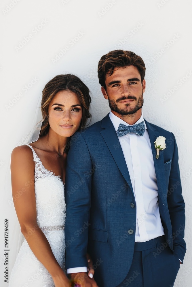 Romantic Closeup of Bride and Groom Embracing Against Minimalist White Wall - Wedding Bliss and Love Concept Romantic Closeup of Bride and Groom Embracing Against Minimalist White Wall - Wedding Bliss and Love Concept