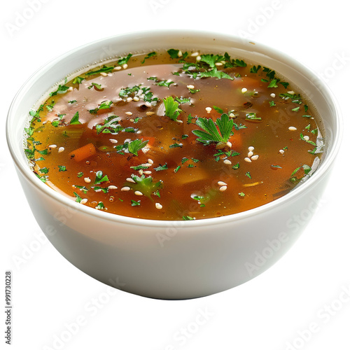 Delicious soup in a white bowl, garnished with herbs and vegetables, isolated on white background, transparent background