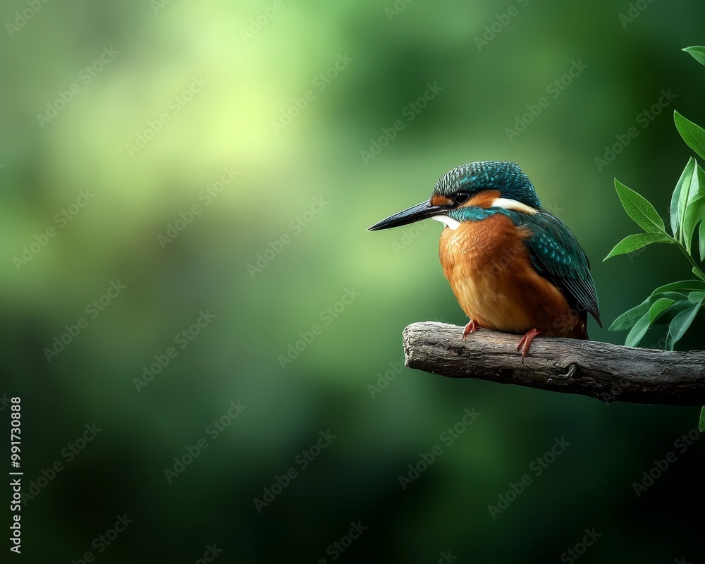 Vibrant Kingfisher Close-up on Textured Branch in Natural Greenery - Serene Wildlife Beauty Vibrant Kingfisher Close-up on Textured Branch in Natural Greenery - Serene Wildlife Beauty