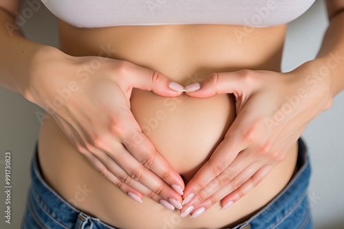 Wallpaper Mural close up of woman hands making heart shape on her stomach, gut health and microbiome Torontodigital.ca