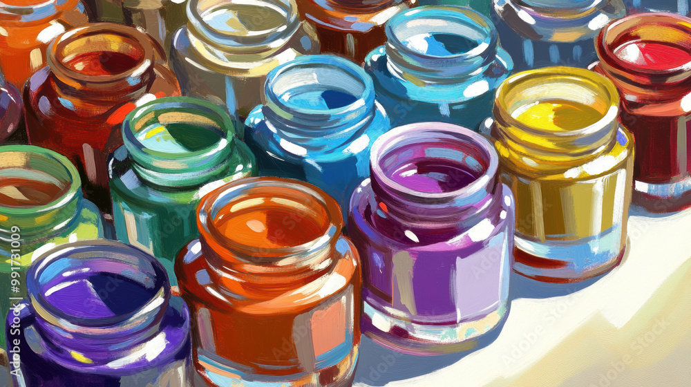 An array of brightly colored paint jars arranged in a harmonious pattern, capturing the vibrancy and artistic potential of creativity. An array of brightly colored paint jars arranged in a harmonious pattern, capturing the vibrancy and artistic potential of creativity.