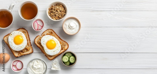 Wallpaper Mural Symmetrical Morning Delight Closeup Macro View of Fresh Egg Toast Breakfast Spread on White Wooden Surface - Clean, Simple, Healthy - Ideal for Recipe Blogs and Magazines Torontodigital.ca