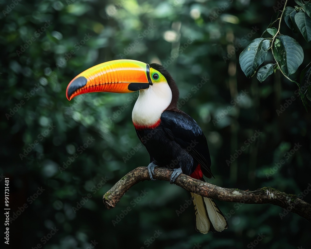 Naklejka premium Vibrant Toucan Closeup in Lush Rainforest Exotic Avian Beauty in Tropical Foliage - Nature Photography